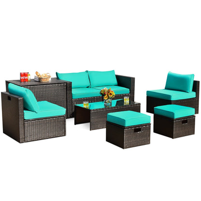8-Piece Patio Rattan Furniture Set with Storage Box and Cover
