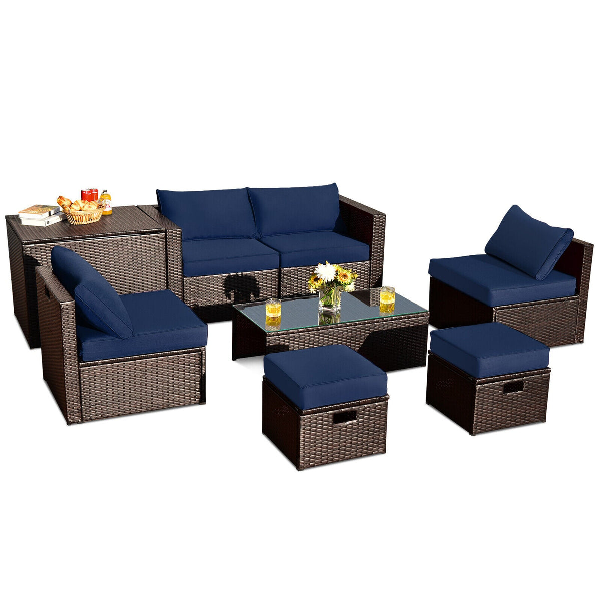 8-Piece Patio Rattan Furniture Set with Storage Box and Cover