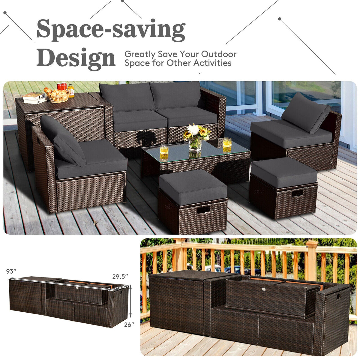 8-Piece Patio Rattan Furniture Set with Storage Box and Cover