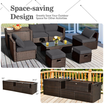 8-Piece Patio Rattan Furniture Set with Storage Box and Cover