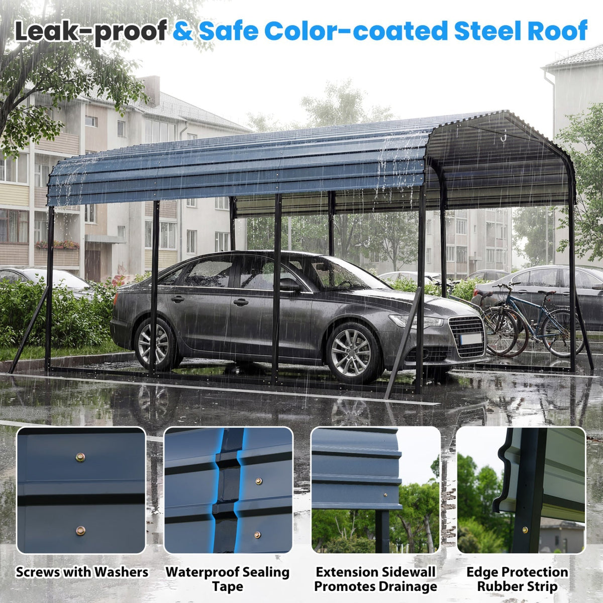10x14.5 Ft Heavy-Duty Galvanized Steel Carport with Leak-Proof Roof