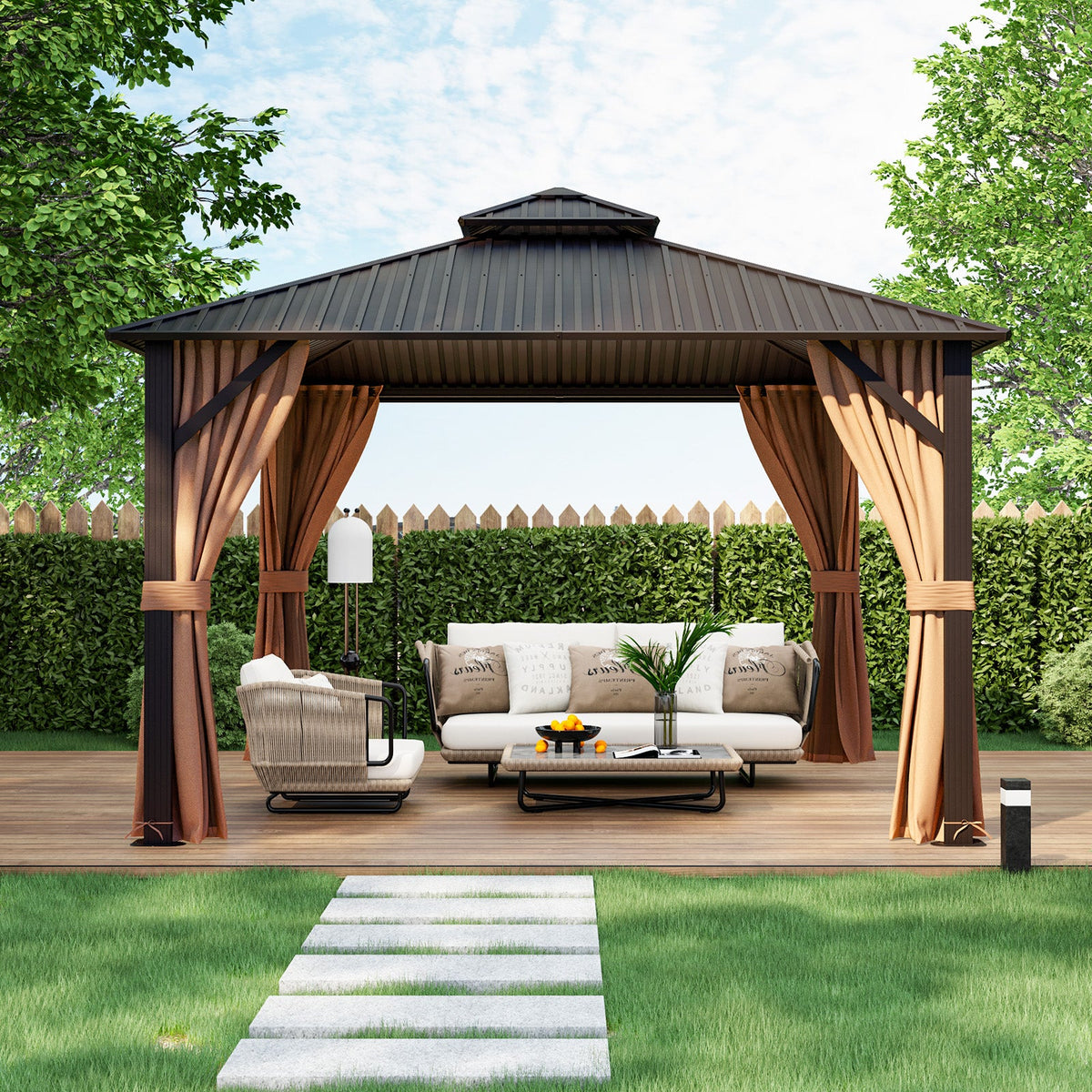 12x12 Ft Double-Roof Patio Hardtop Gazebo with Curtains