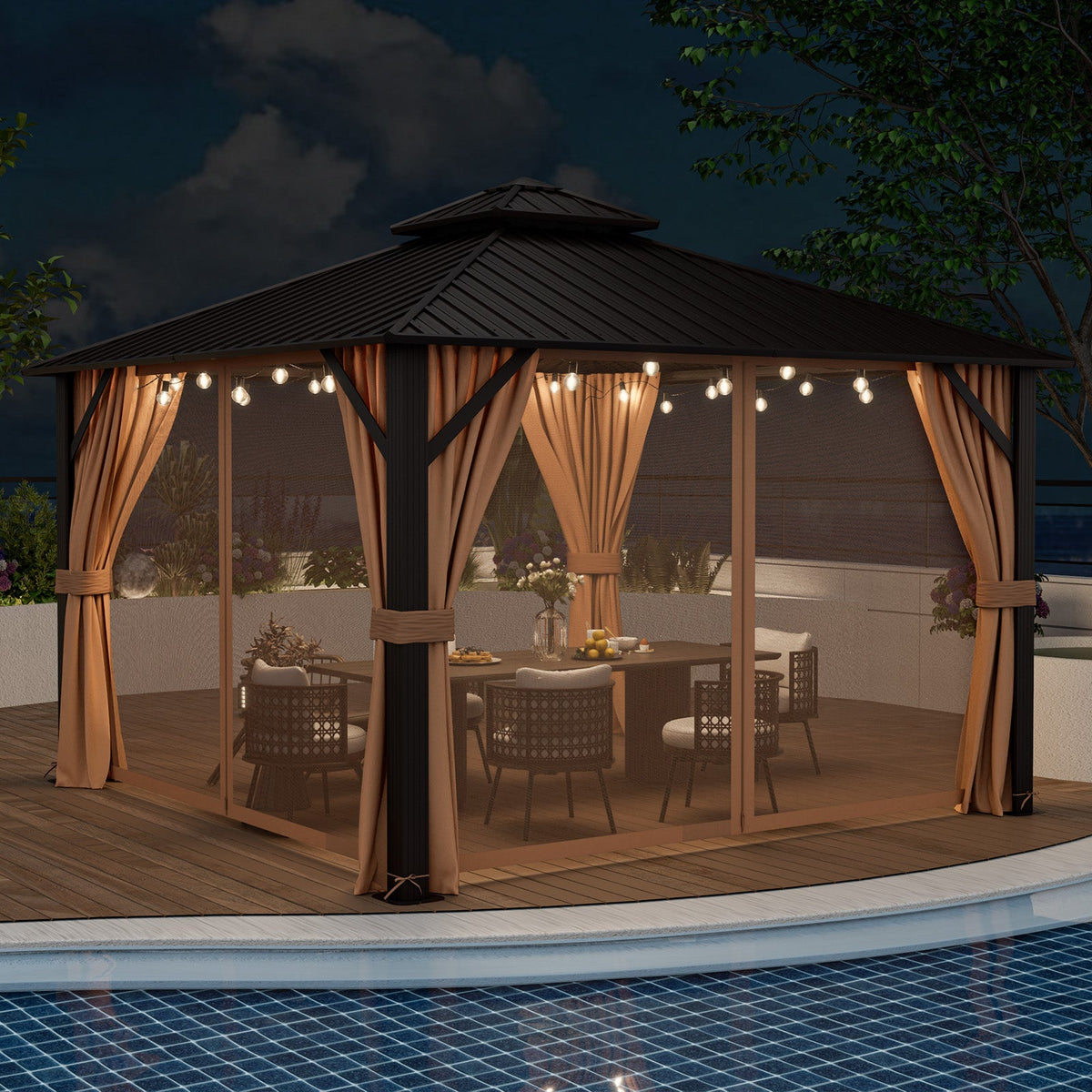 12x12 Ft Double-Roof Patio Hardtop Gazebo with Curtains