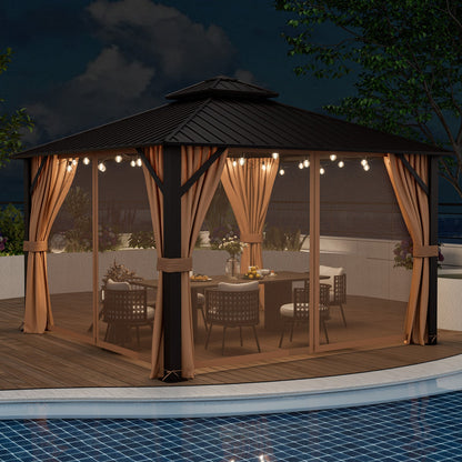12x12 Ft Double-Roof Patio Hardtop Gazebo with Curtains