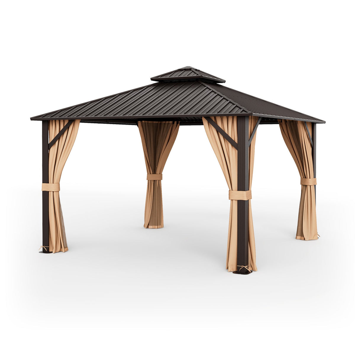 12x12 Ft Double-Roof Patio Hardtop Gazebo with Curtains