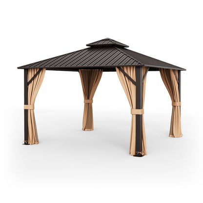 12x12 Ft Double-Roof Patio Hardtop Gazebo with Curtains