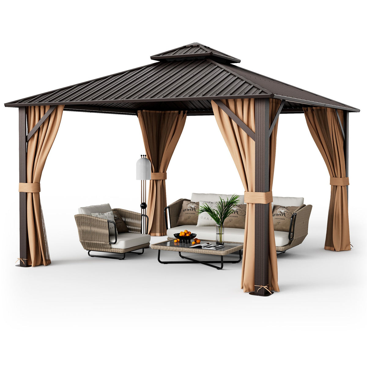 12x12 Ft Double-Roof Patio Hardtop Gazebo with Curtains