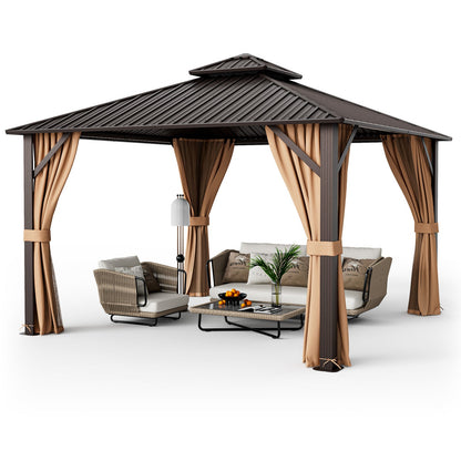 12x12 Ft Double-Roof Patio Hardtop Gazebo with Curtains