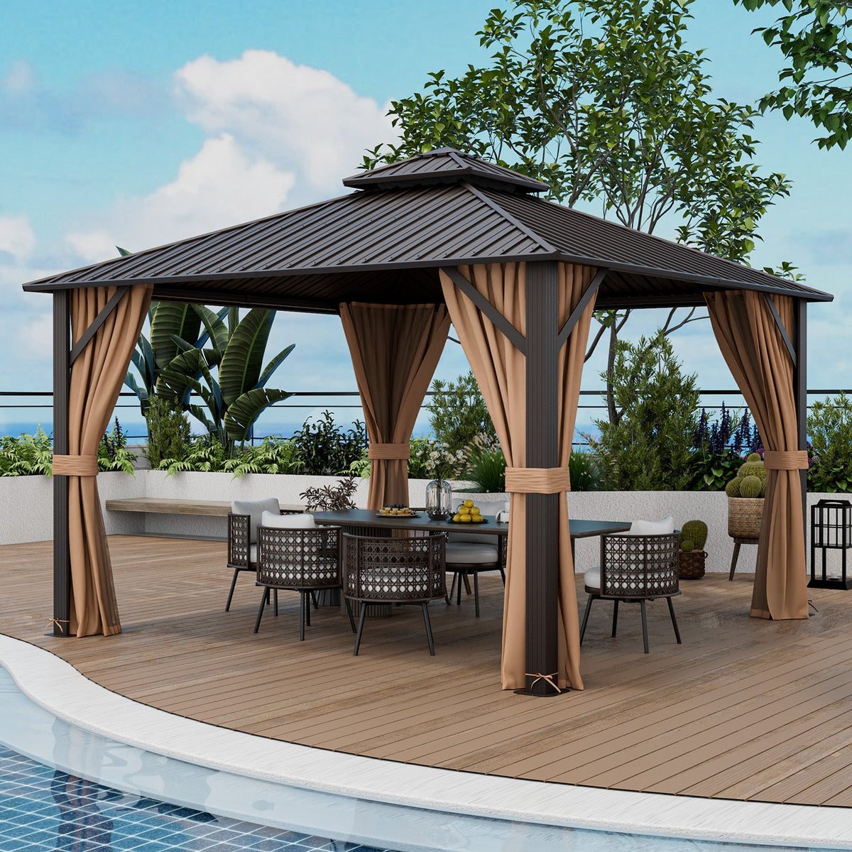 12x12 Ft Double-Roof Patio Hardtop Gazebo with Curtains