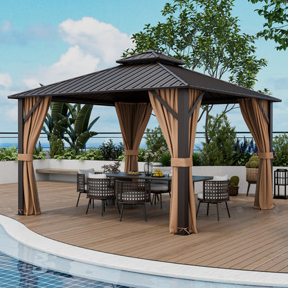 12x12 Ft Double-Roof Patio Hardtop Gazebo with Curtains