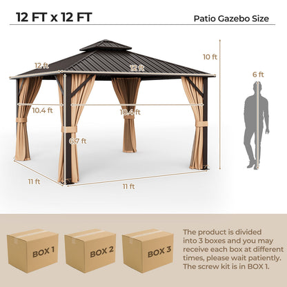 12x12 Ft Double-Roof Patio Hardtop Gazebo with Curtains