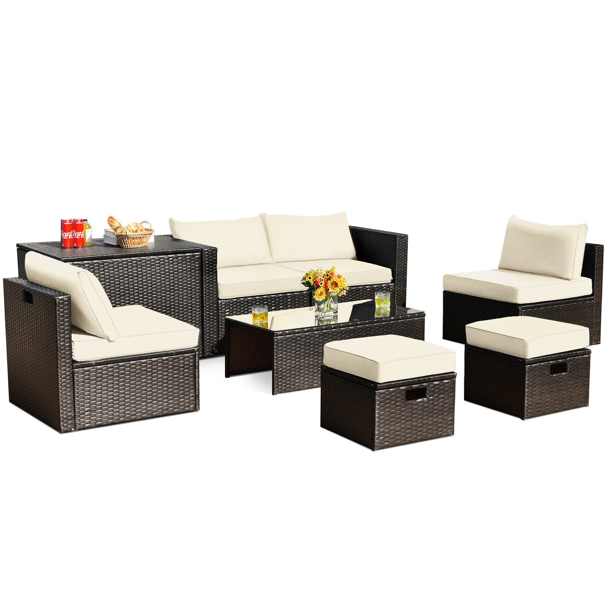 8-Piece Patio Rattan Furniture Set with Storage Box and Cover