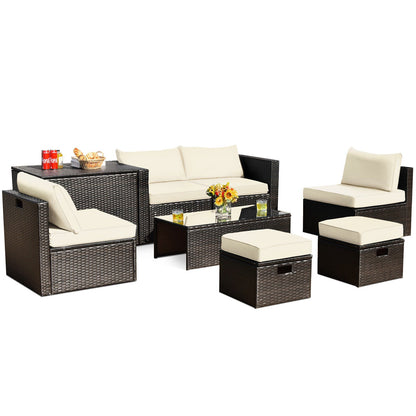 8-Piece Patio Rattan Furniture Set with Storage Box and Cover