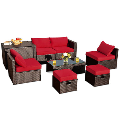 8-Piece Patio Rattan Furniture Set with Storage Box and Cover