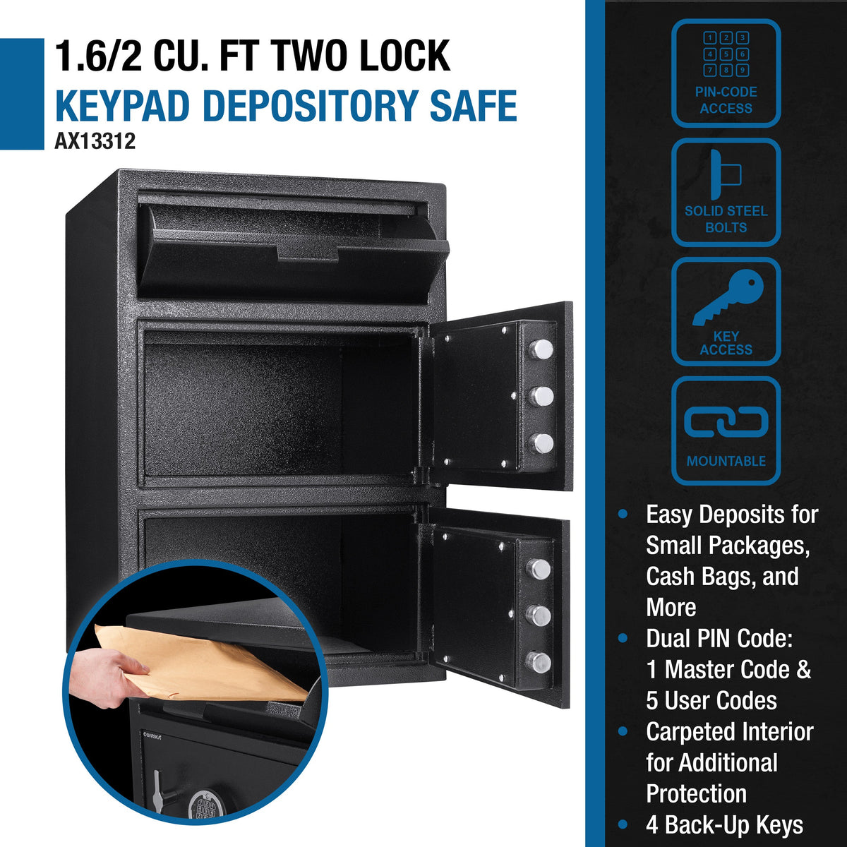 Digital Keypad Depository Safe – 1.62 Cu Ft, 3 Deadbolts