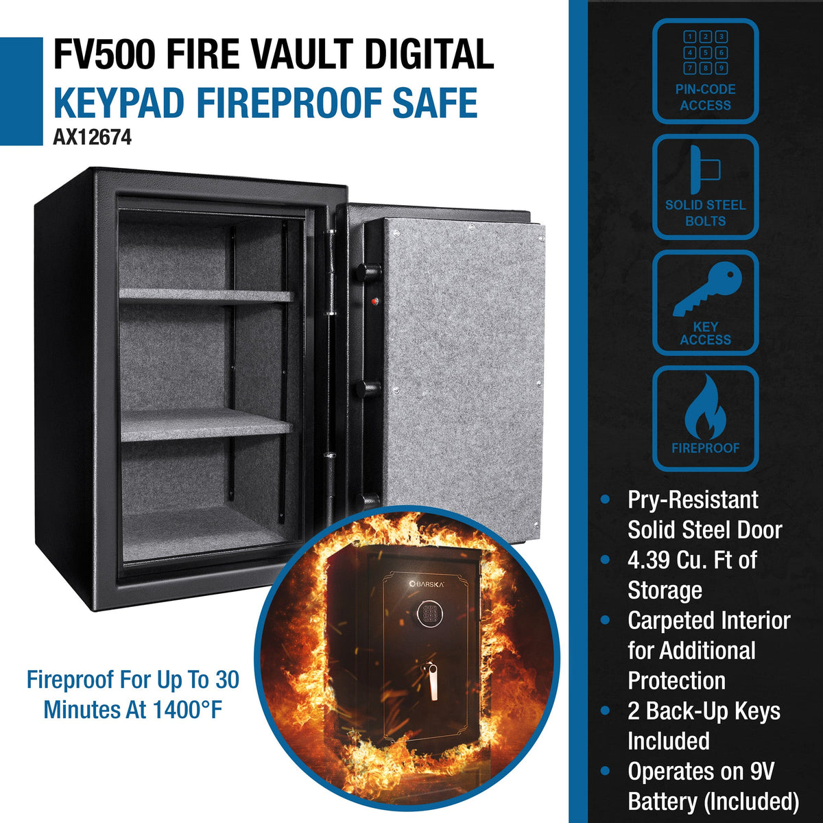 Fireproof Safe Vault – 4.39 Cu Ft, Pry-Resistant Door
