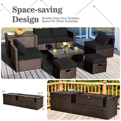 8-Piece Patio Rattan Furniture Set with Storage Box and Cover