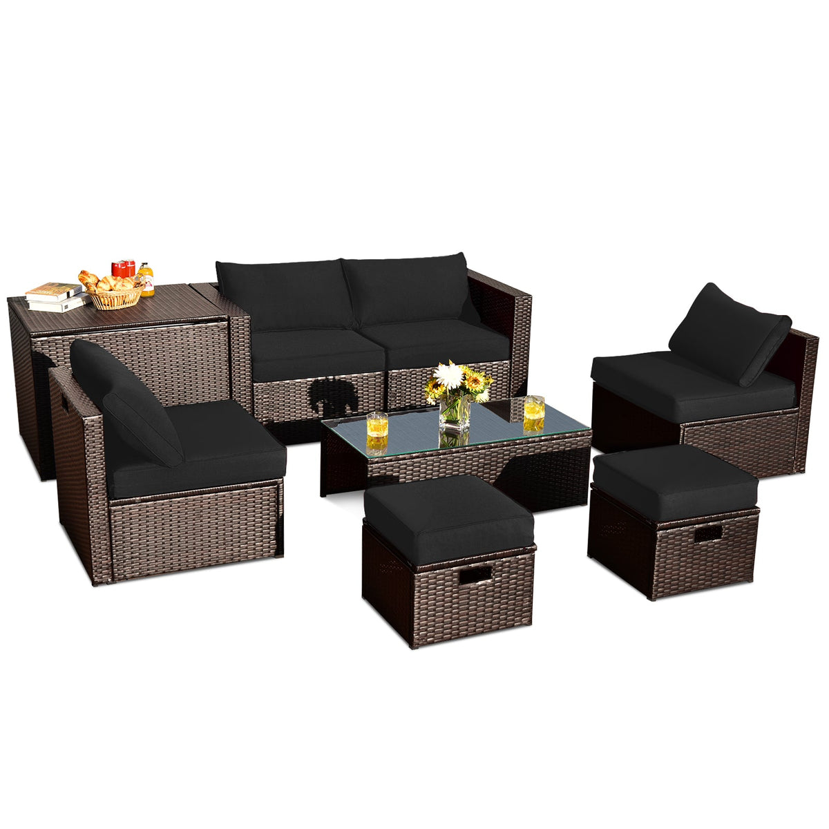 8-Piece Patio Rattan Furniture Set with Storage Box and Cover