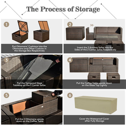8-Piece Patio Rattan Furniture Set with Storage Box and Cover