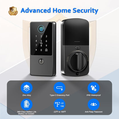 Smart Door Lock Deadbolt, Keyless Entry Door Lock with Fingerprint & Keypad,App Control,Auto Lock,Secure Electronic Digital Lock for Front Door Home Apartment Rental,Easy Installation,Matte Black